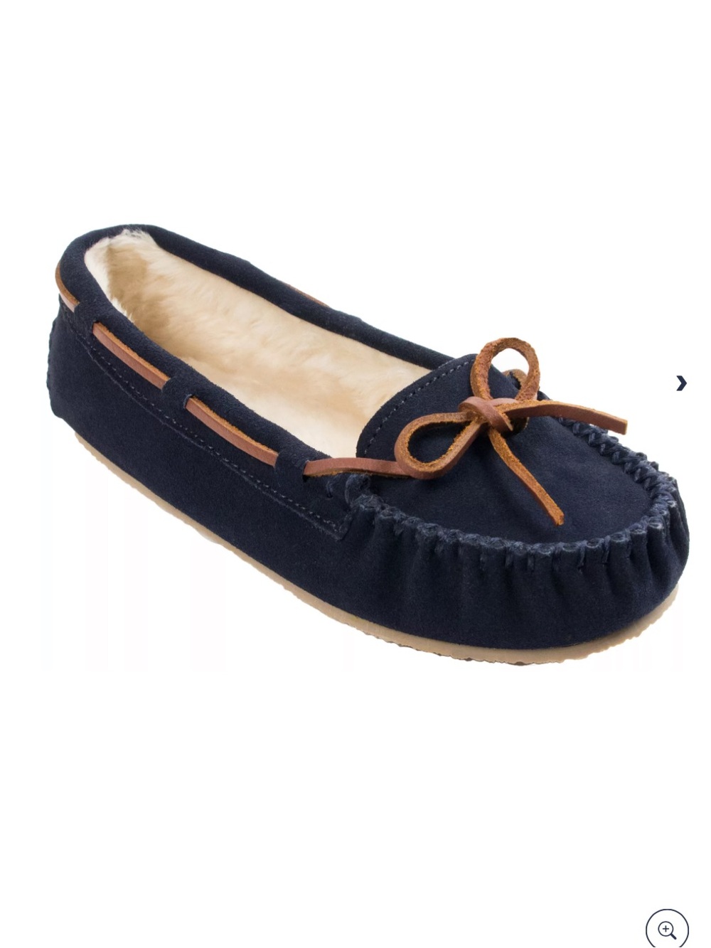 Minnetonka Cally Navy Suede Moccasins with Tan Bow